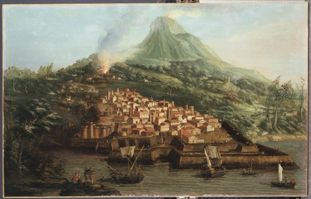 Detail of A volcanic island with a harbour and shipping by & Guerra G. Canaletto