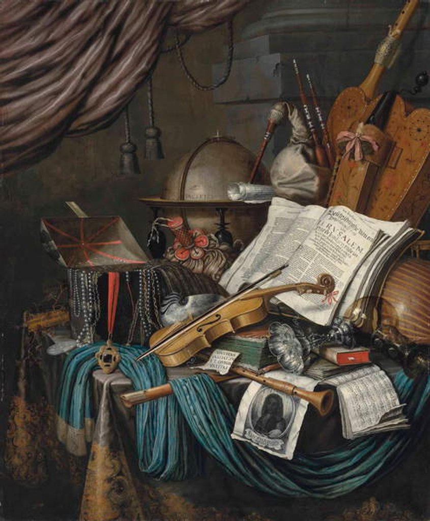 Detail of A globe, a casket of jewels and medallions, books, a hurdy-gurdy... by Edwaert Colyer or Collier
