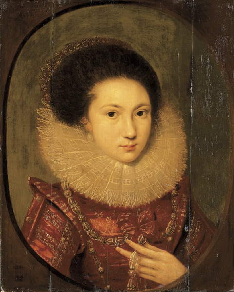 Detail of Portrait of a girl, bust-length, in a scarlet embroidered dress and lace collar by Robert Peake