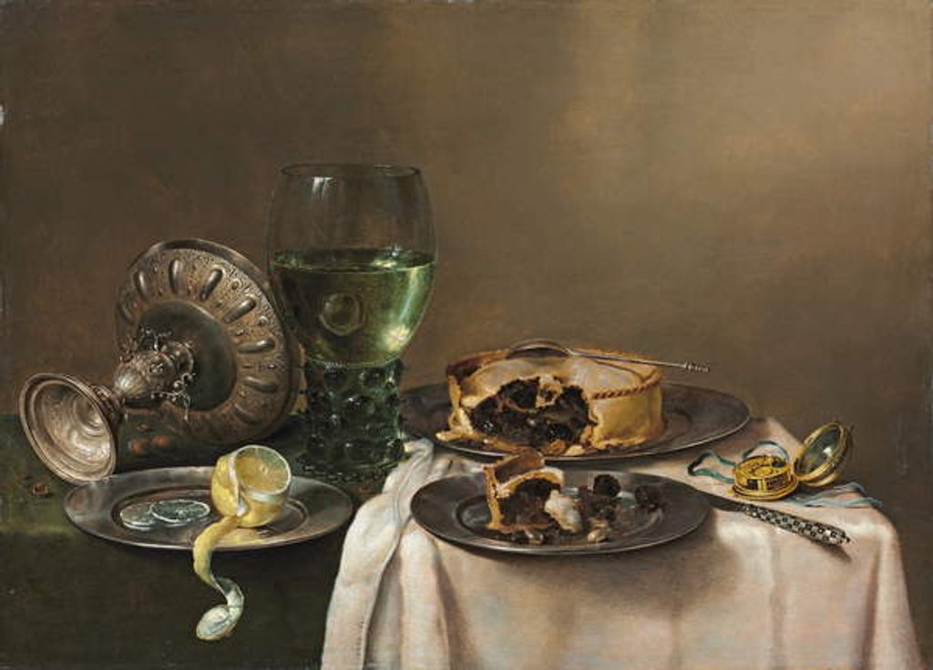 Detail of Pronk still life, with a roemer, an upturned silver tazza, a half-peeled lemon on a pewter plate, with a pie, a timepiece and a knife, 1631 by Willem Claesz. Heda