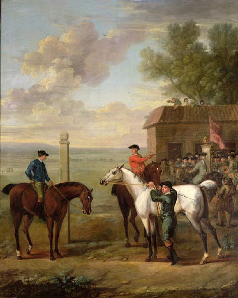 Detail of Racehorses with jockeys up by the rubbing down house on Newmarket Heath by John Wootton