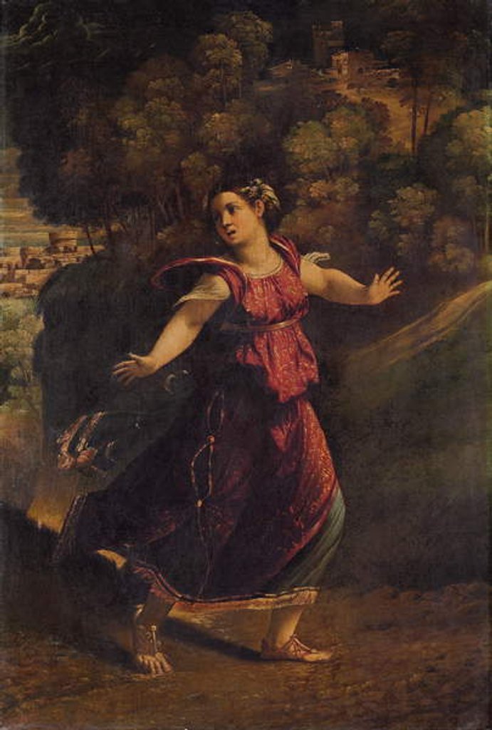 Detail of A woman fleeing on a wooded path, c.1520s by Dosso Dossi