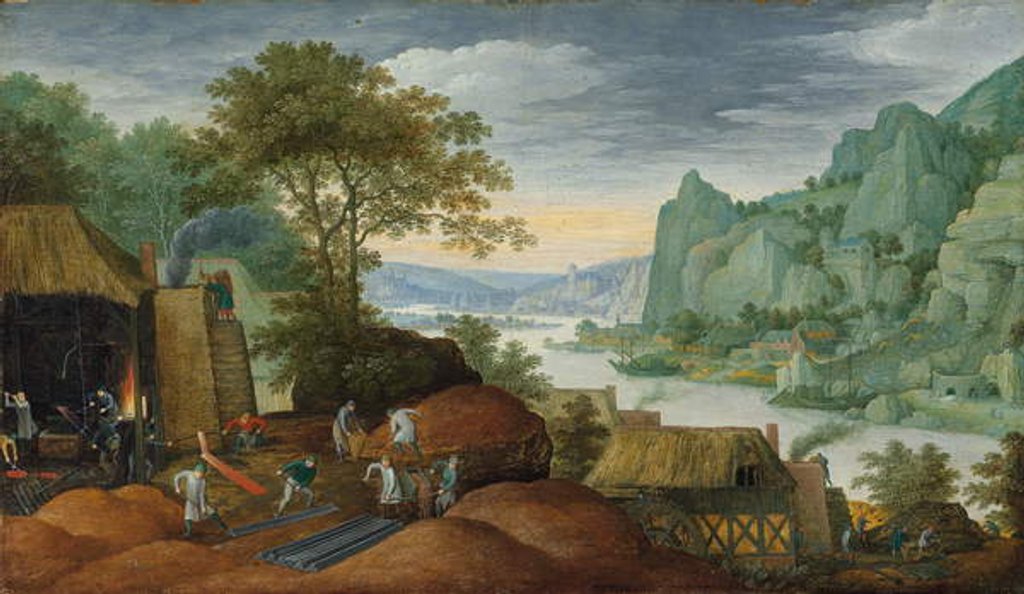 Detail of A rocky landscape with figures by an iron foundry, a river and houses on the bank beyond by Marten Ryckaert