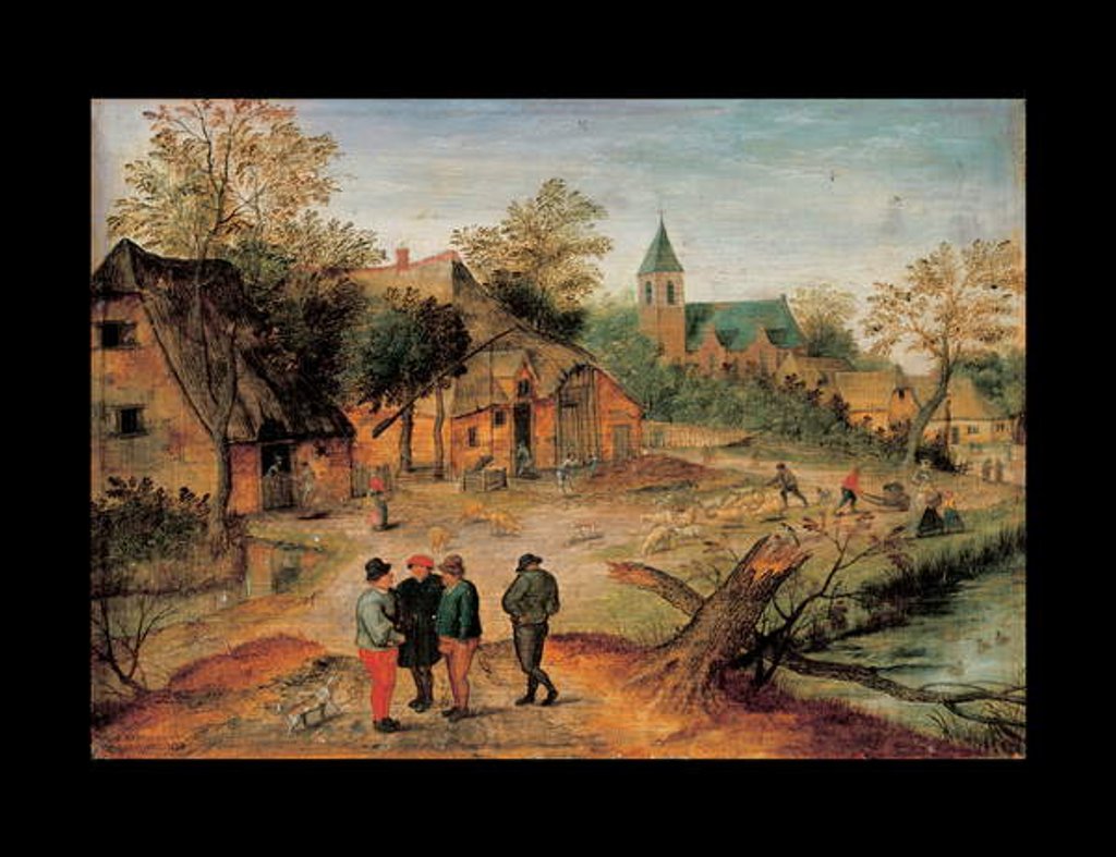 Detail of A village landscape with farmers conversing in the foreground, 1634 by Pieter the Younger Brueghel
