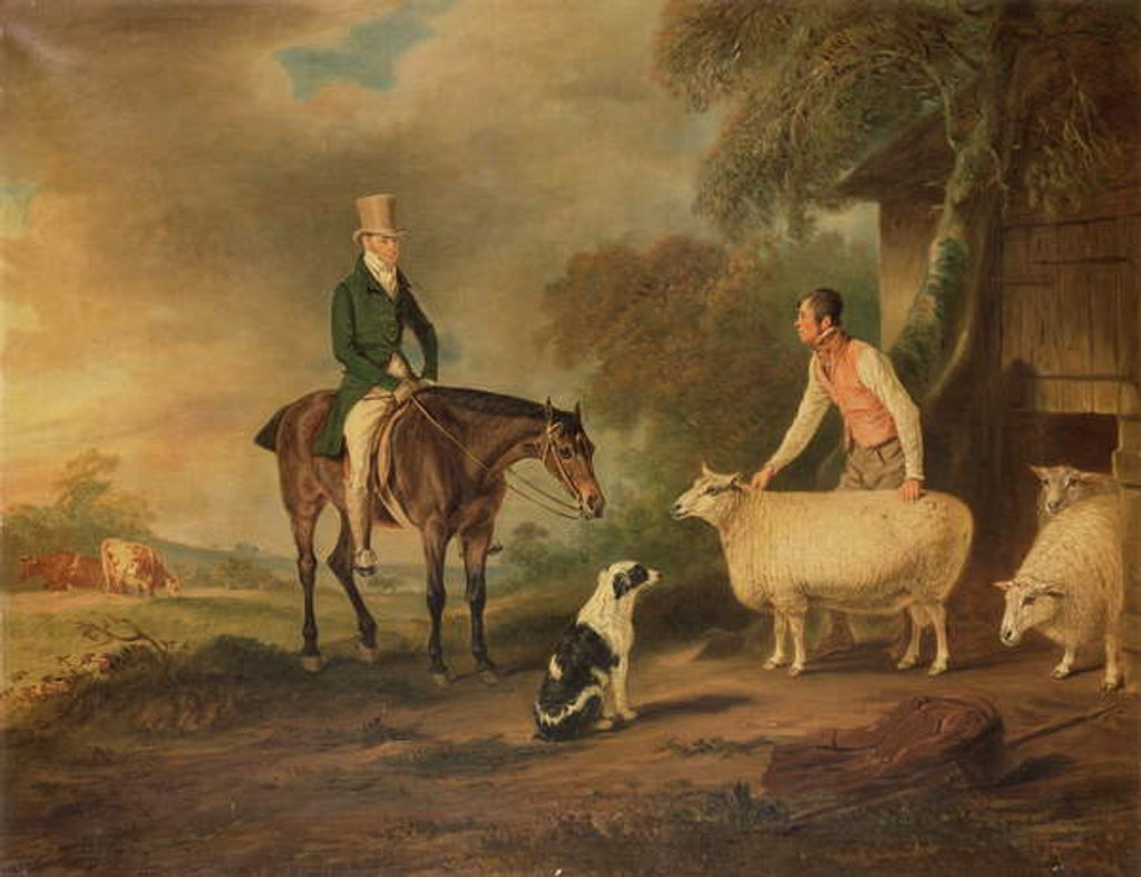 Detail of Sir John Palmer on his favourite mare with shepherd Joseph Green and prize Leicester Longwool sheep by John E. Ferneley
