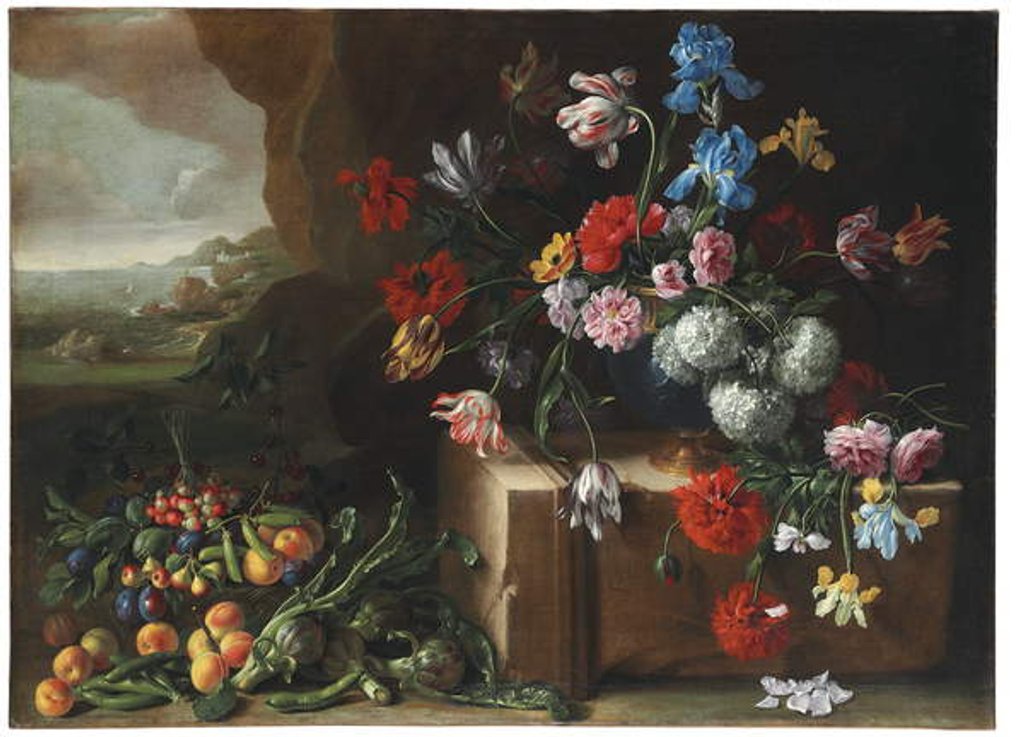Detail of Chrysanthemums, tulips, irises and other flowers and fruit in a landscape by Giovanni Stanchi