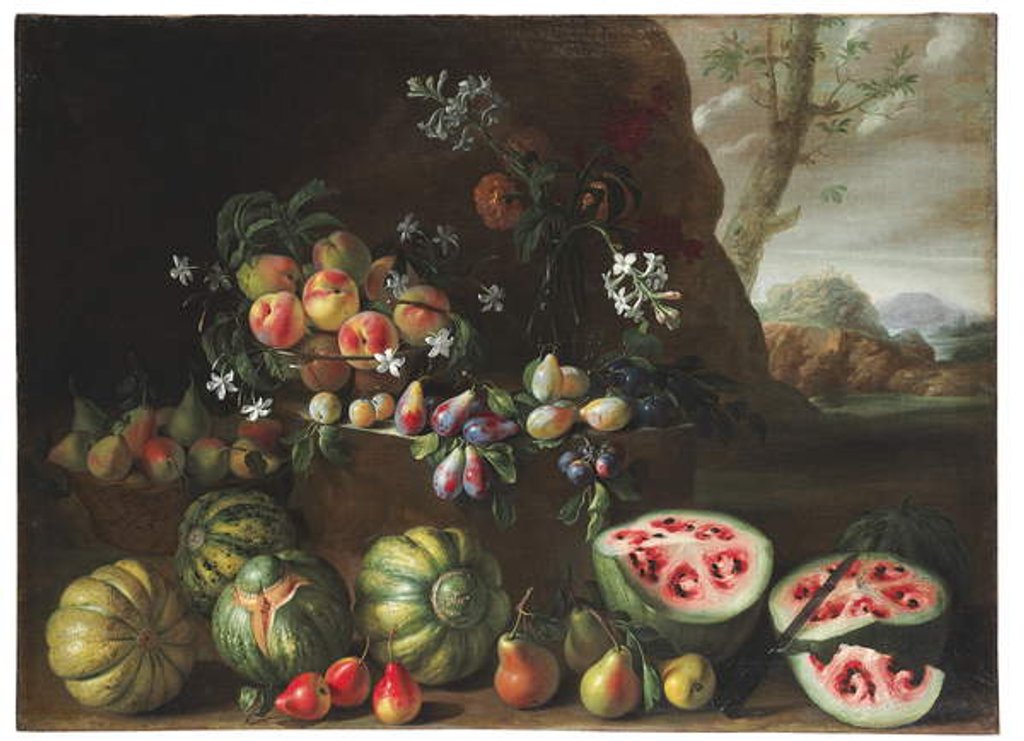 Detail of Watermelons, peaches, pears and other fruit in a landscape by Giovanni Stanchi