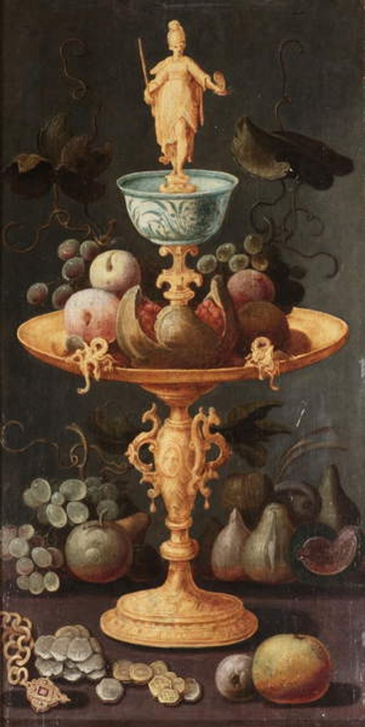 Detail of Grapes, plums and a pomegranate on a golden tazza surmounted by a personification of Painting by Artus Claessens