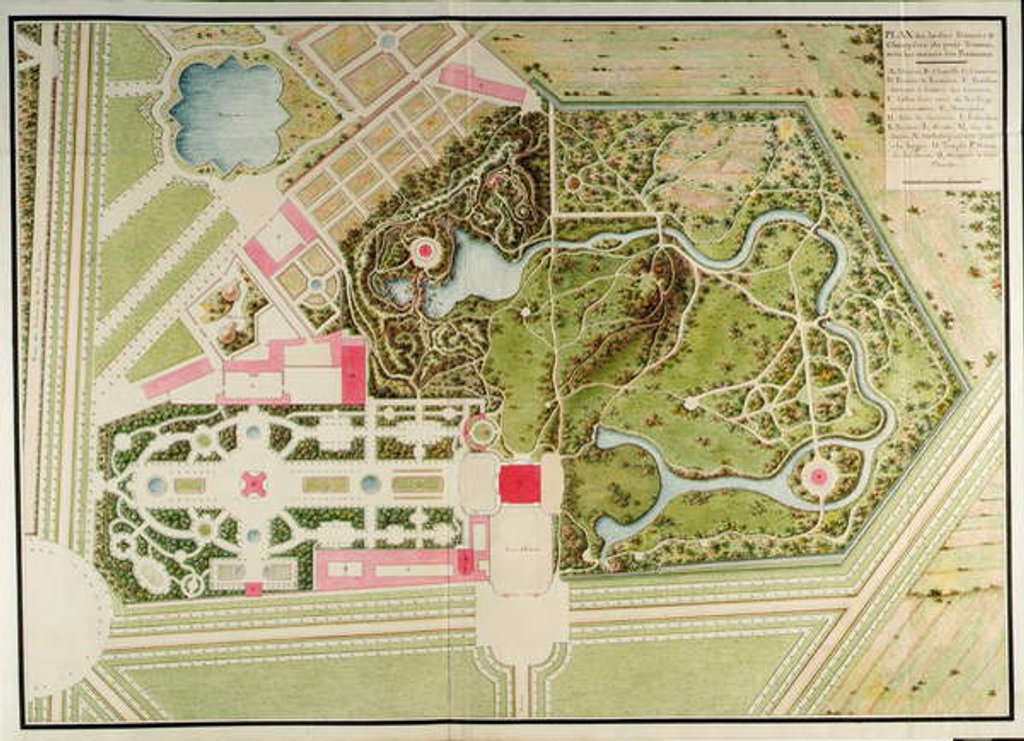 Detail of Plan des jardins français et champêtre du Petit-Trianon avec les masses du bâtiment by Richard Mique