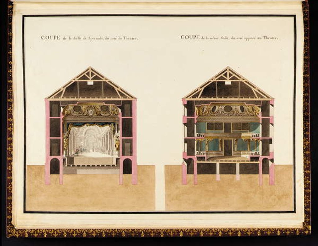 Detail of Coupe de la salle de spectacle du côté du théâtre & Coupe de la même salle du côté opposé au théâtre by Richard Mique