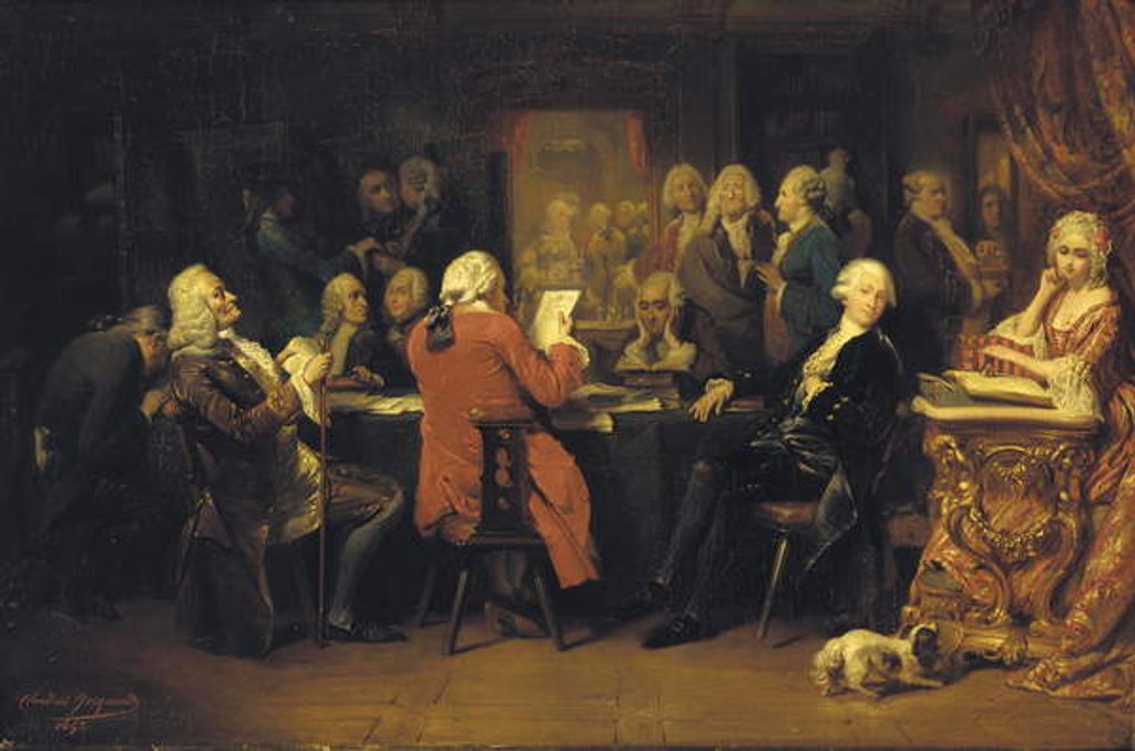 Detail of Voltaire at the reading room at Procope by Claude Jacquand