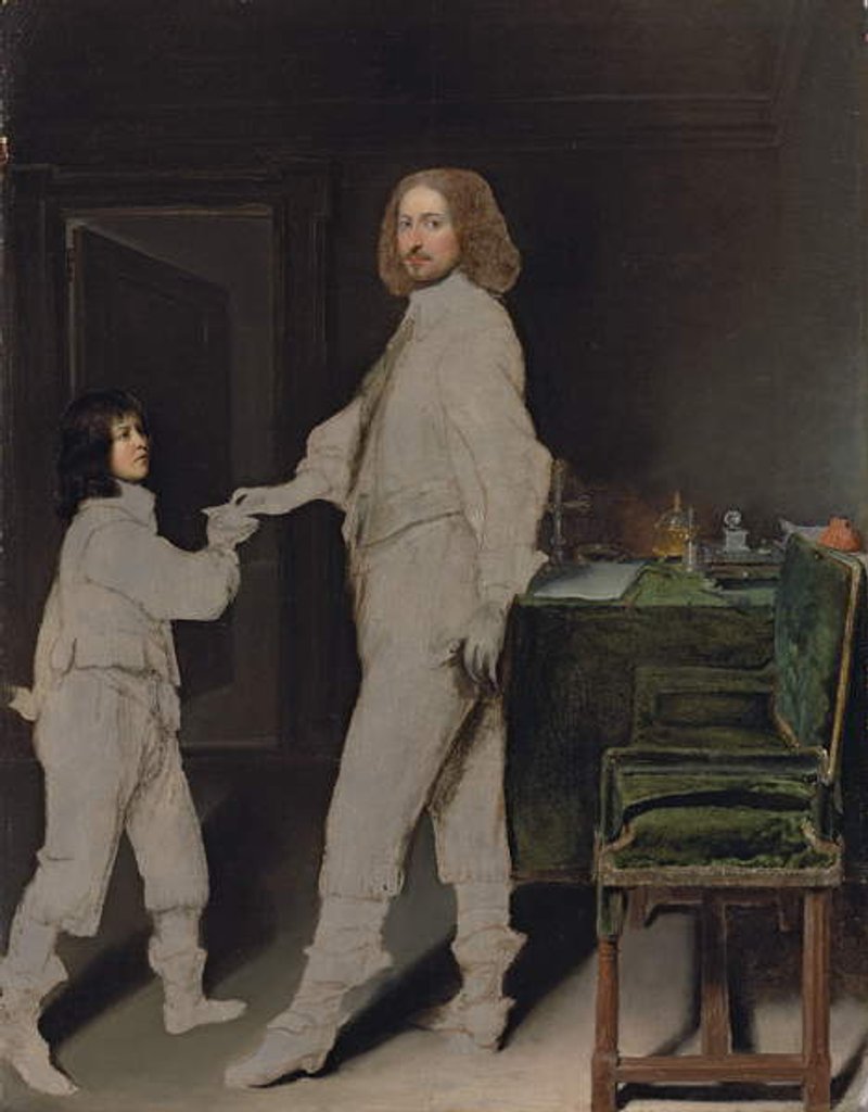 Detail of Portrait of a man, full-length, handing a letter to a boy, in an interior by Gonzales Coques