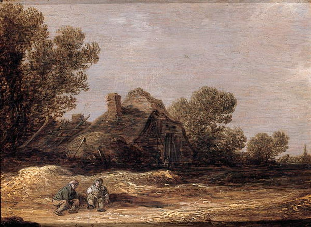 Detail of Peasants resting on a track by a farm - a fragment by Jan Josephsz van Goyen