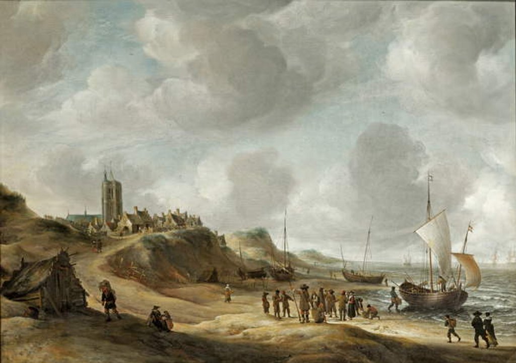 Detail of A view of Egmond aan Zee with fisherfolk on the beach and shipping offshore by Jan Abrahamsz. Beerstraten