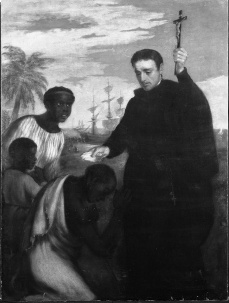 Detail of A Jesuit Missionary, perhaps Manuel de Nobrega or Peter Claver, Baptizing Blacks by Spanish School