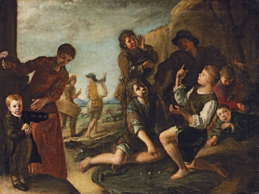 Detail of Boys playing dice - a modello by Pedro Nunez de Villavicenzio