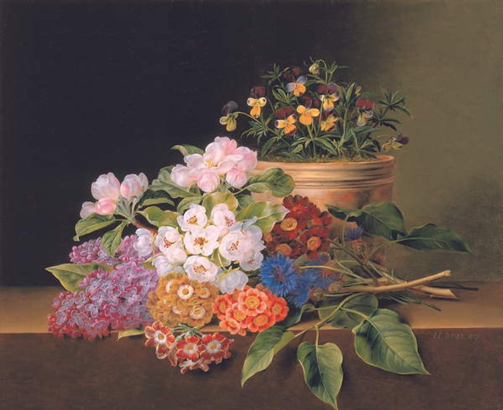 Detail of Lilac, apple blossom, cornflowers and sweet williams with a pot of violas on a ledge, 1827 by Johan Laurents Jensen
