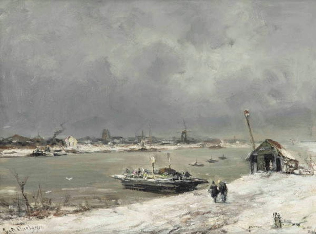 Detail of A ferry crossing near Wijk bij Duurstede in winter, 1930 by Lodewijk Frederik Hendrik (1850-1936) Apol