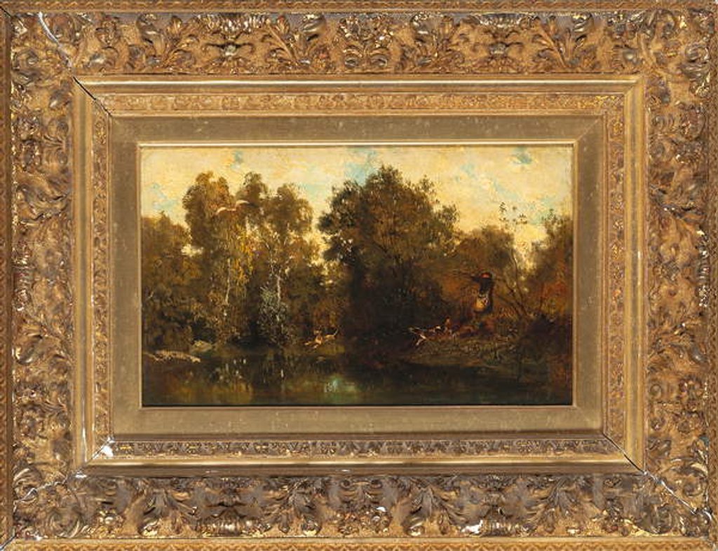 Detail of Shooting at a woodland pool by Alexandre Gabriel (after) Decamps