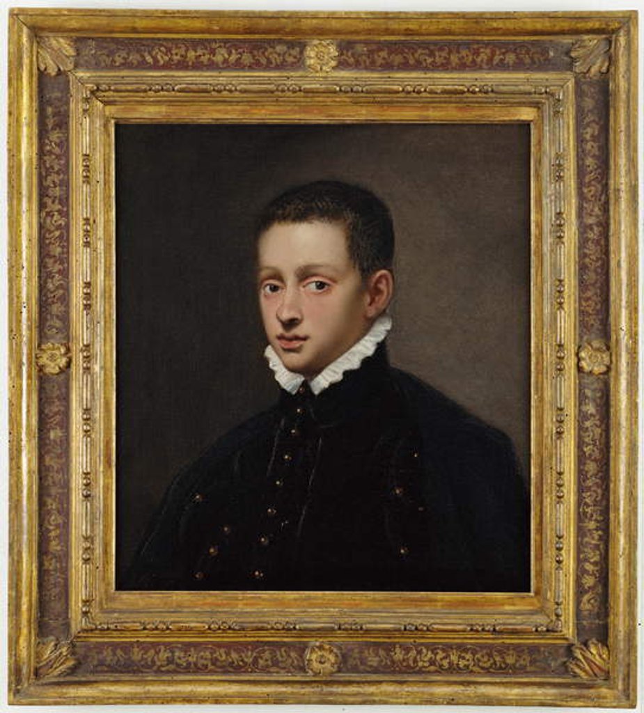 Detail of Portrait of a boy, bust-length, in a black doublet with a white collar by Jacopo Robusti Tintoretto