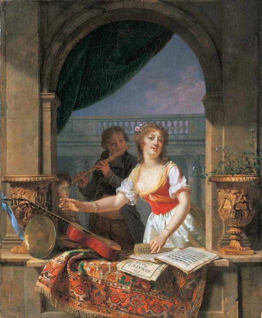 Detail of A young lady reaching for a guitar at a stone casement and a boy playing the flute beyond, 1796-97 by Martin Drolling