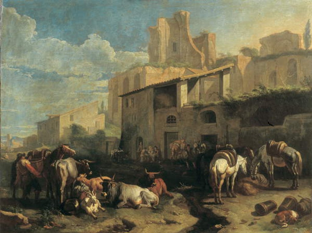 Detail of Travellers and various animals stop in front of a tavern with Roman ruins in the background 73.5 x 97 cm. by Pieter van Bloemen