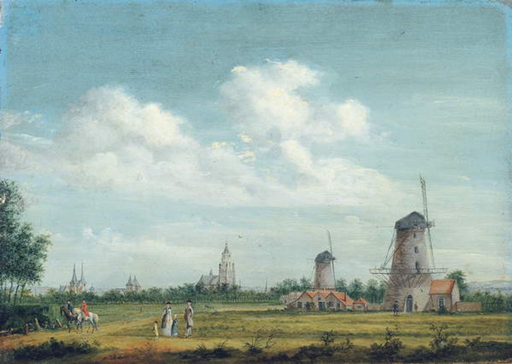 Detail of A view of Arnhem with the St. Walburgskerk on the left and the Grote Kerk on the right, elegant townsfolk promenading nearby, 1776 by Jordanus Hoorn
