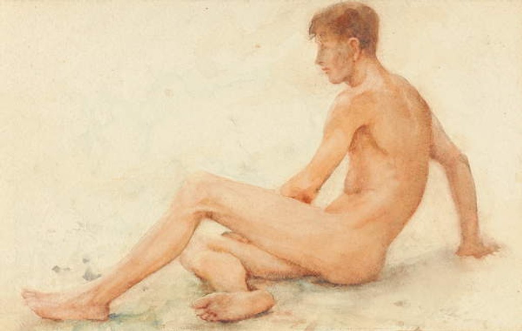 Detail of Study of a male nude, seated, turning away to the right by Henry Scott Tuke