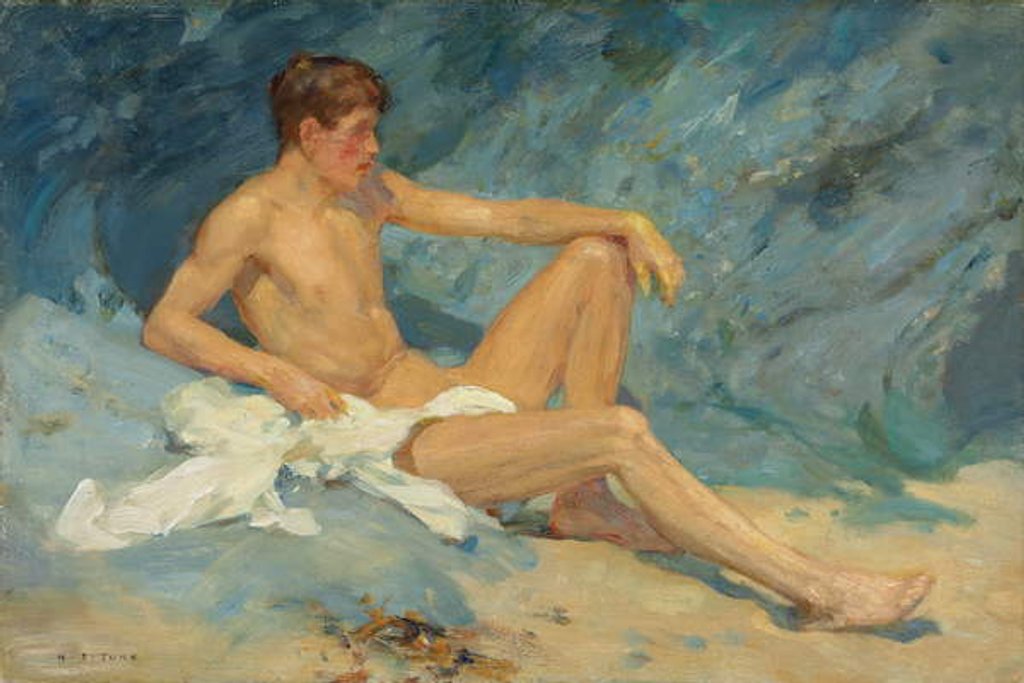 Detail of A male nude reclining on rocks by Henry Scott Tuke