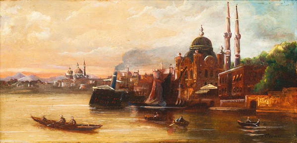 Detail of Turks rowing on the Bosphorus before a mosque by C. Granci