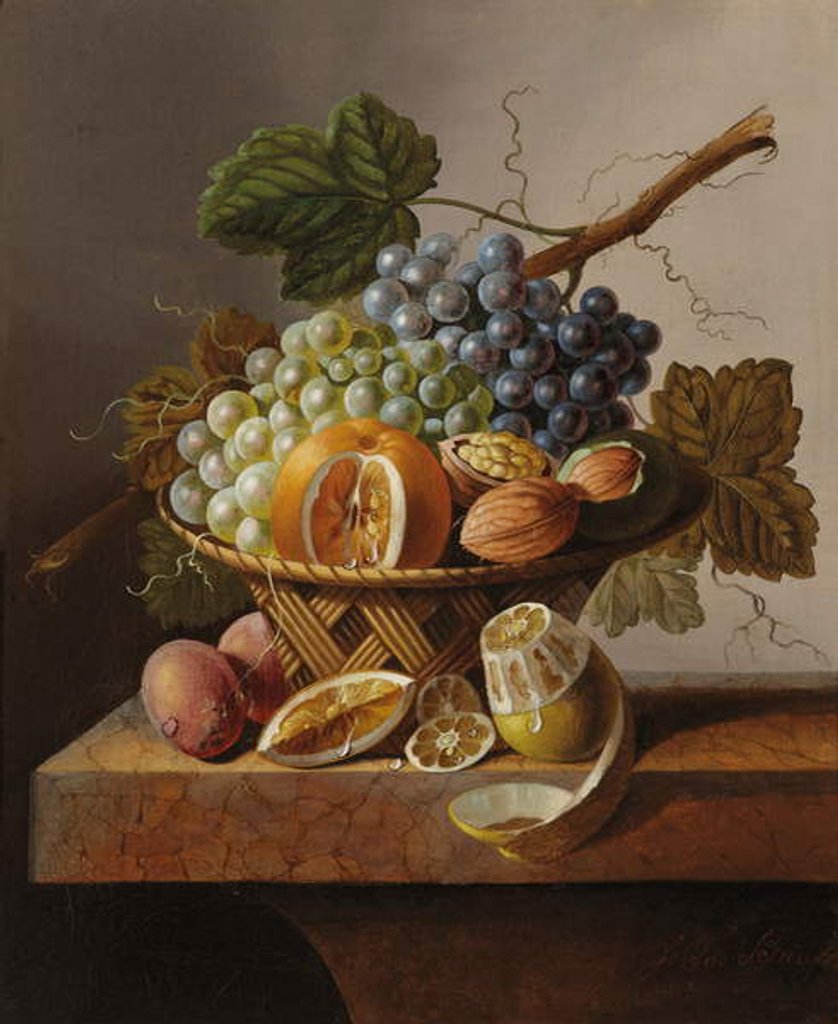 Detail of Grapes, an orange and walnuts in a wicker basket with a lemon and plums, all on a marble ledge by Johannes Cornelis Bruyn