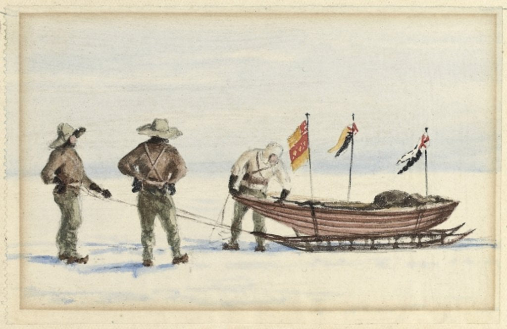 Detail of The sledge party to White Island, February 1902: Shackleton, Wilson and Ferrar preparing to set out, 1902 by Edward Adrian Wilson
