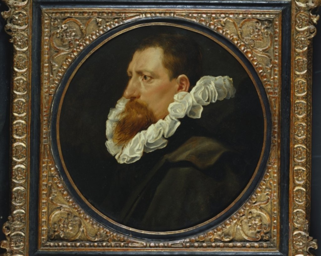 Detail of Portrait of a gentleman, small bust length, wearing a white ruff and grey cloak by Peter Paul Rubens