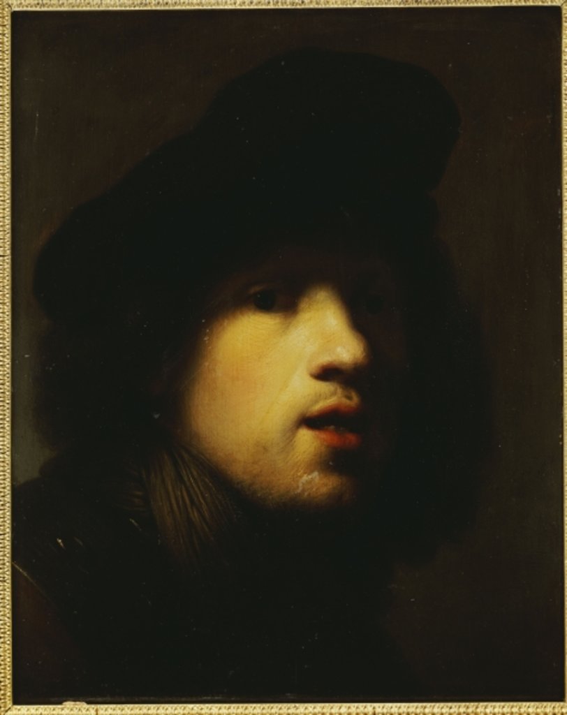 Detail of Portrait of the artist, head and shoulders, in a black beret and a gorget by (studio of) Rembrandt Harmensz. van Rijn