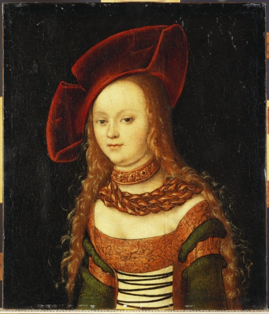Detail of Portrait of a young girl, half length, wearing a green and gold costume with a red hat by Lucas the Elder Cranach