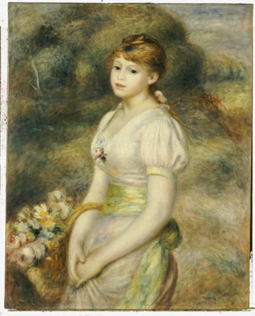 Detail of Young Girl with a Basket of Flowers by Pierre Auguste Renoir
