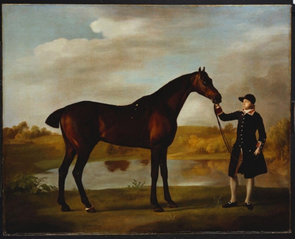 Detail of The Duke of Marlborough's Bay Hunter, with a Groom in Livery in a Lake Landscape by George Stubbs