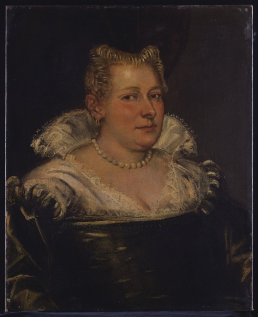 Detail of Portrait of a lady, bust length in a green dress with a white collar by Jacopo Robusti (circle of) Tintoretto