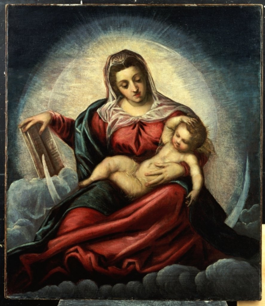 Detail of The Madonna and Child in a mandorla on a crescent moon and clouds, with the book of wisdom by Jacopo Robusti Tintoretto