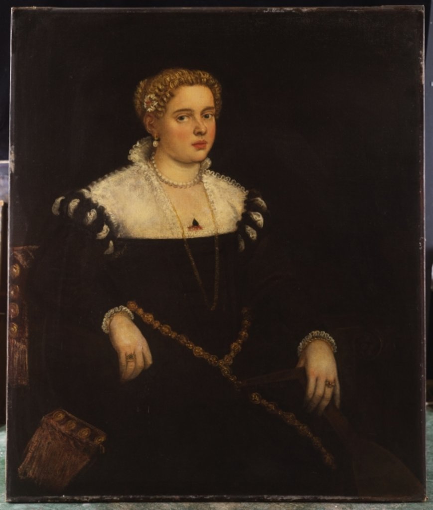 Detail of Portrait of a lady, three-quarter length, holding a mandolin by Jacopo Robusti (attr. to) Tintoretto