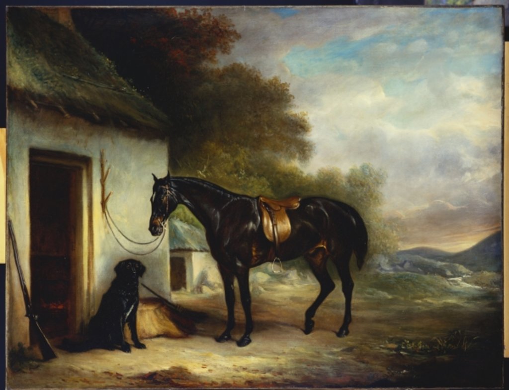 Detail of Mr. Stuart's Favourite Hunter, Vagabond' and his Flatcoated Retriever, Nell, by a Cottage Door, 1867 by John E. Ferneley