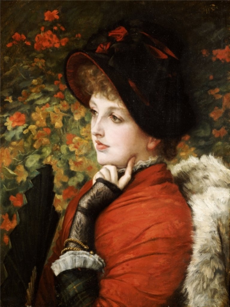 Detail of Type of Beauty: Portrait of Mrs. Kathleen Newton in a red dress and black bonnet, 1880 by James Jacques Joseph Tissot