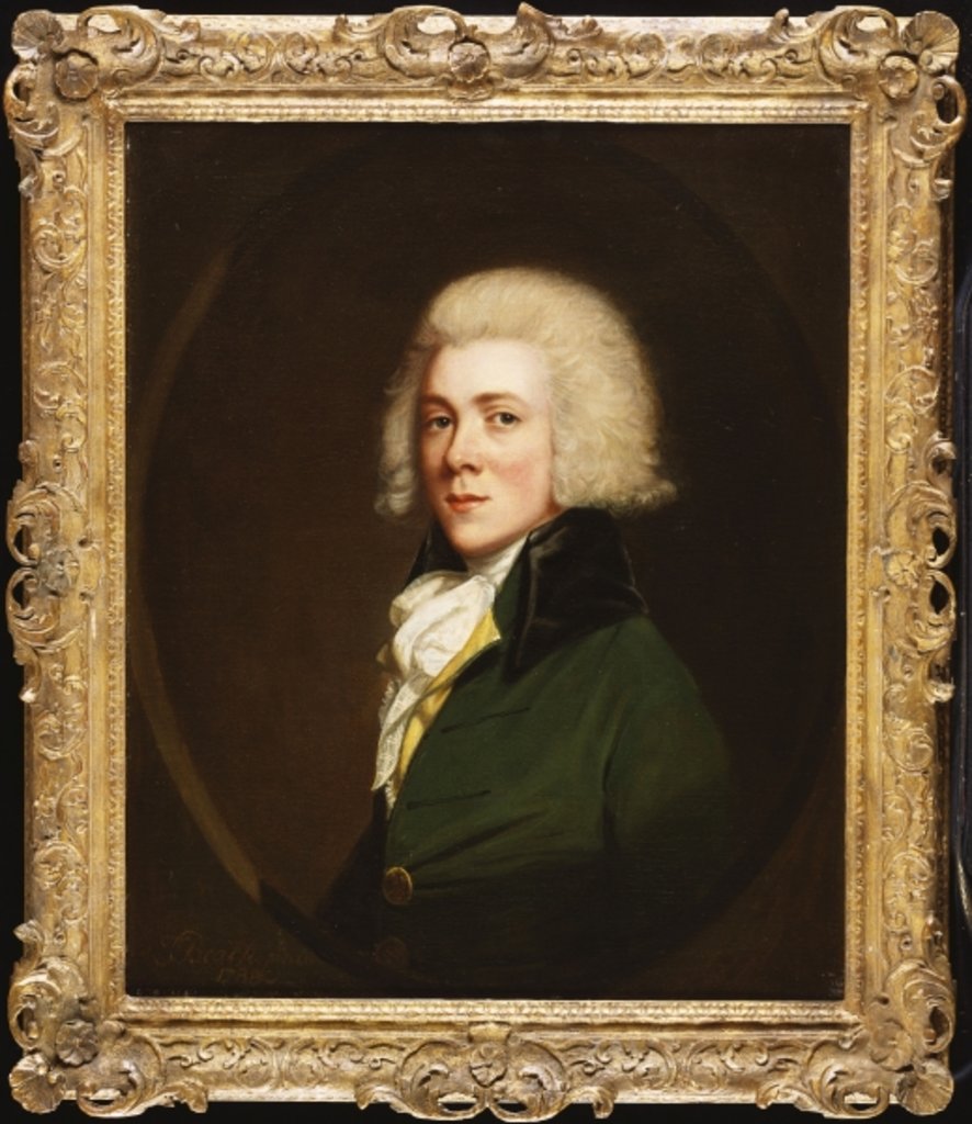 Detail of Portrait of Reginald Pearch, half length, in a green jacket and white stock, 1788 by Thomas Beach