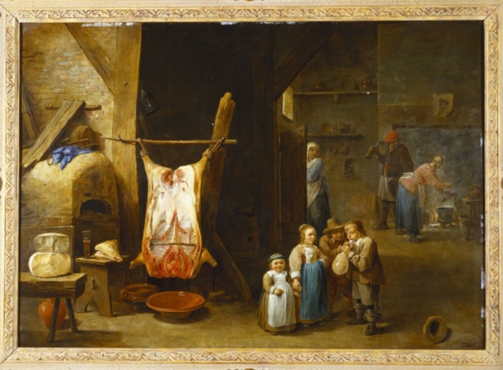 Detail of The interior of a peasant's cottage with a pig's carcass and a boy blowing up a bladder, 1646 by David the Younger Teniers