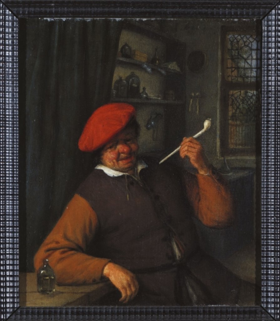 Detail of A Peasant in a Red Beret Smoking a Pipe, in an Interior by Adriaen Jansz. van Ostade