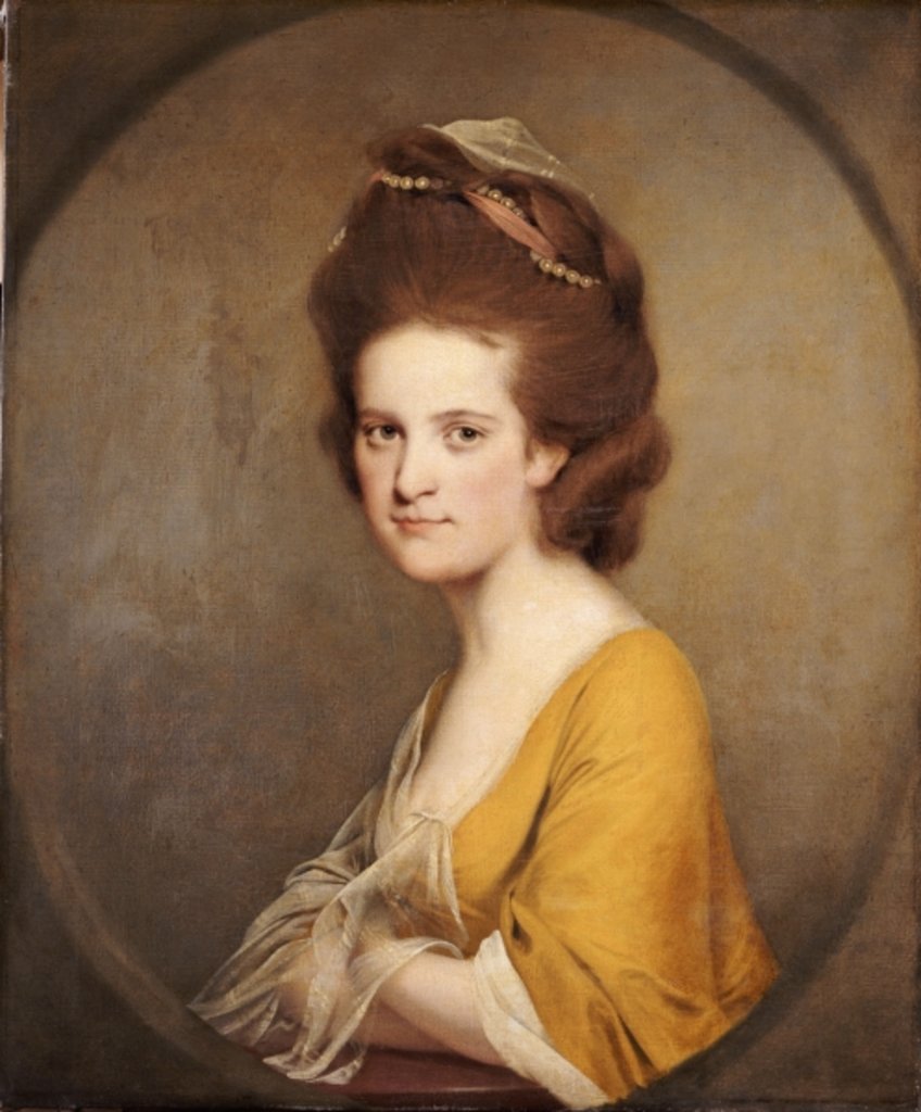 Detail of Portrait of Dorothy Hodges, half length, in a yellow dress by Joseph Wright of Derby