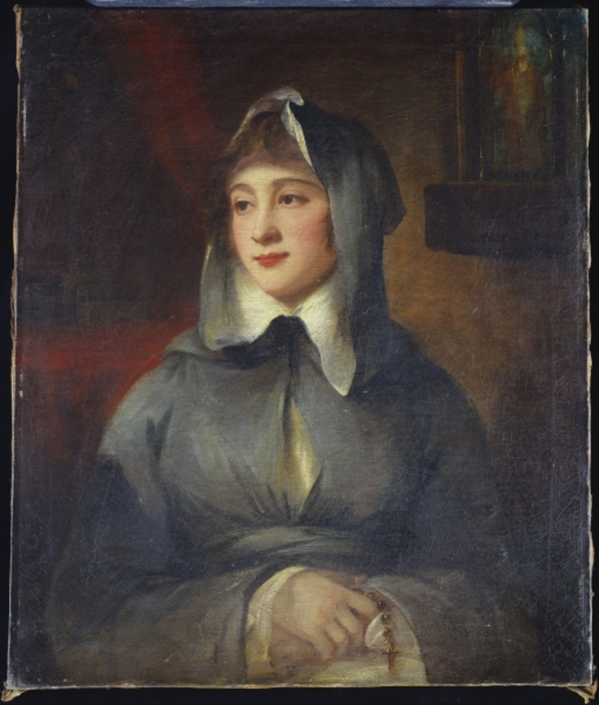 Detail of Portrait of a lady, half length, as a nun, holding a rosary, by a shrine in an interior by George Romney