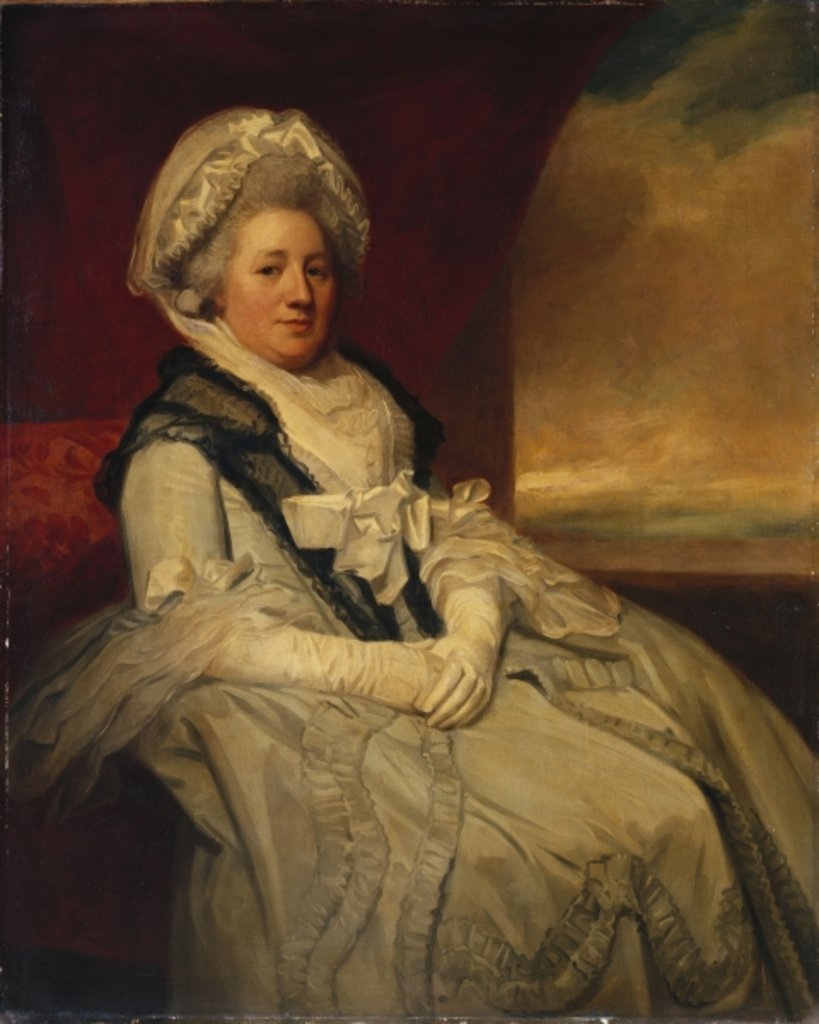 Detail of Portrait of Mrs. Uppleby, seated three-quarter length, wearing a white dress and bonnet with a black shawl by George Romney