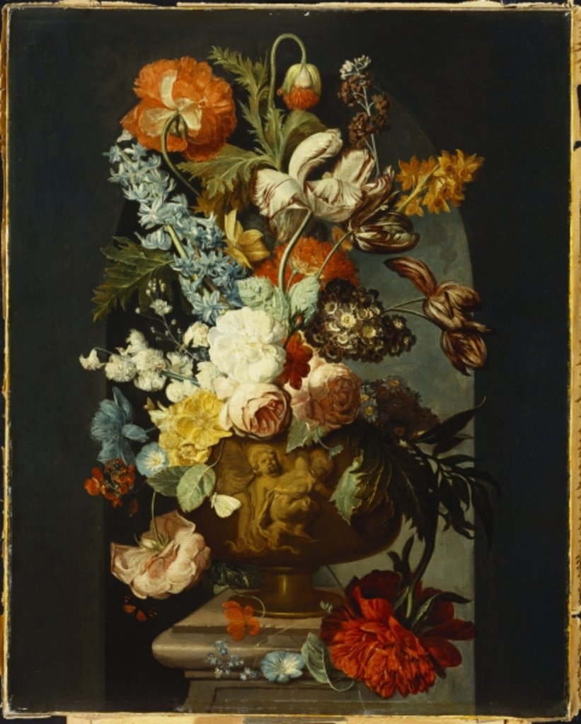 Detail of Tulips, Roses, Hyacinth, Auricula and other Flowers in a Sculpted Urn on a Stone Pedestal in a Niche. by Jan van (follower of) Huysum