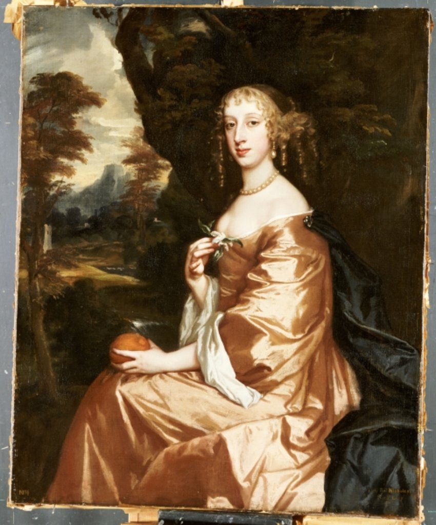 Detail of Portrait of Lady Penelope Nicholas, holding an orange in a landscape by Peter Lely